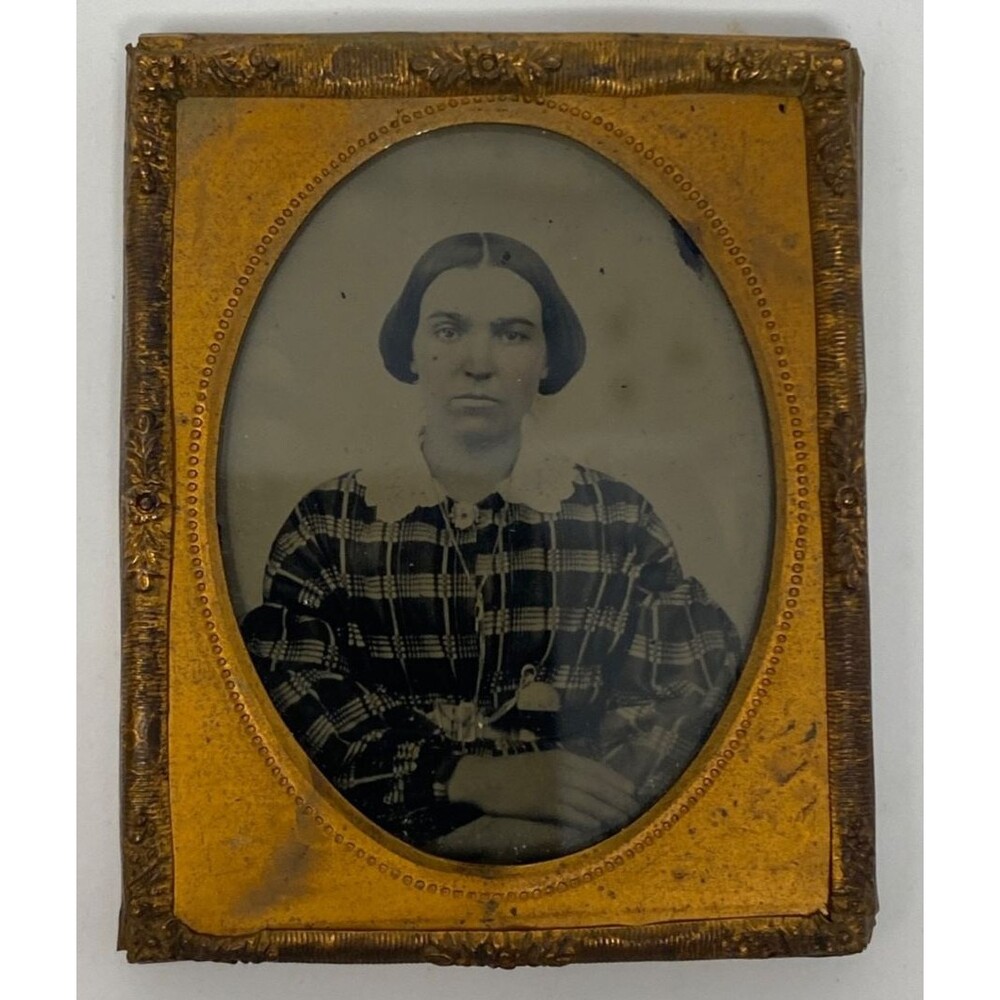 Antique 1850s Ninth Plate Photo Woman Plaid Dress 2x2.5" Ambrotype/Tintype